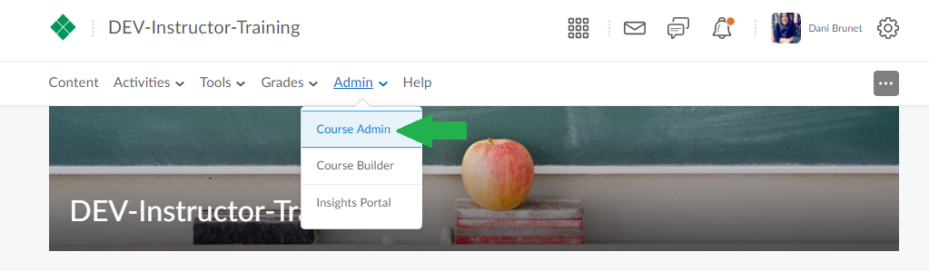 D2L navigation menu with the Admin item expanded and the Course Admin sub item marked with a green arrow