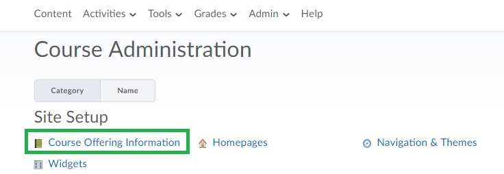 Screen shot of D2L Course Administration Menu with the Course Offerinc Information link enclosed in a green rectangle