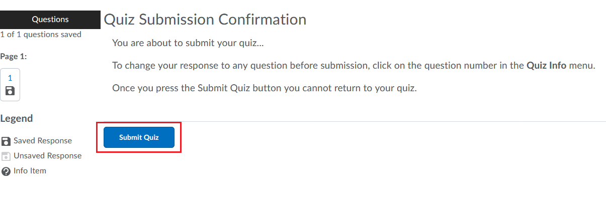 D2L Quiz submission screen with the blue "Submit Quiz" button highlighted.