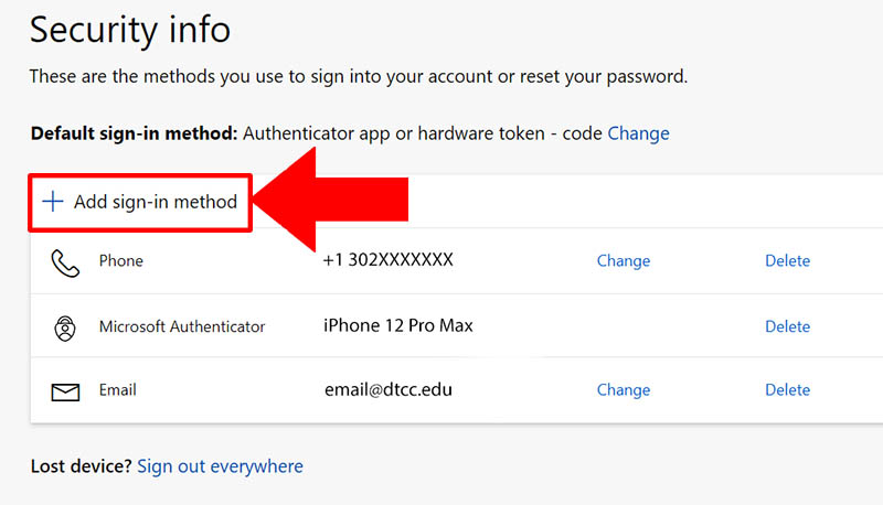 Multi-Factor Authentication Security Info page