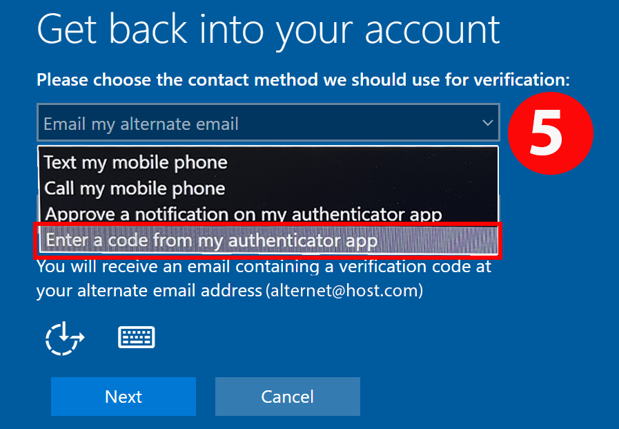 Selecting "Enter a code from my authenticator app. as your verification method