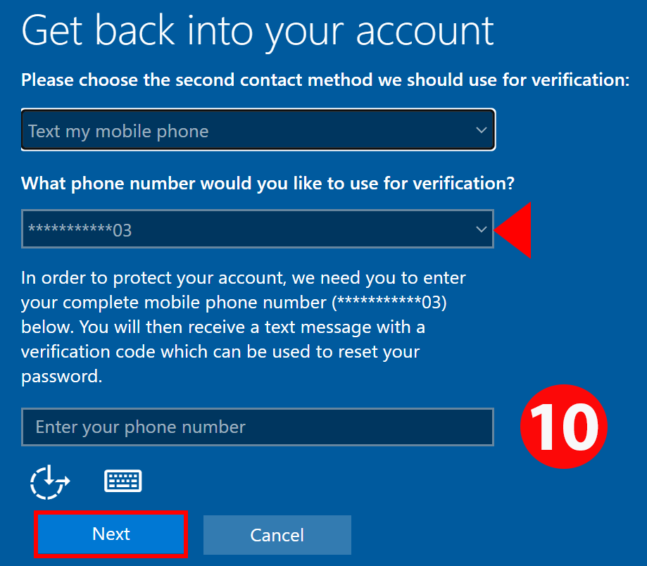 Select or enter your phone number to use for verification then select "Next."