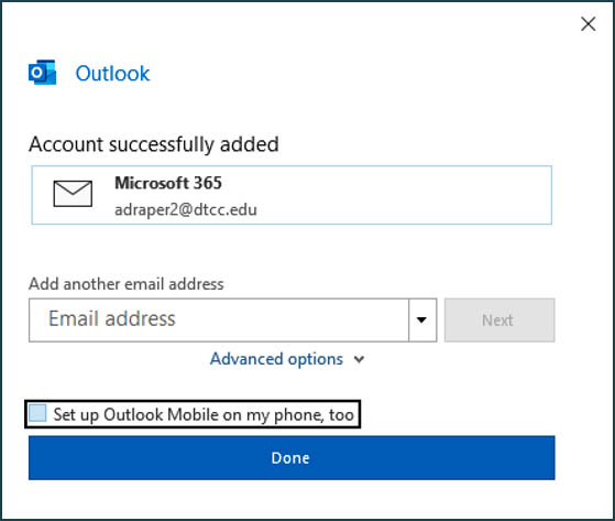 outlook account status message box